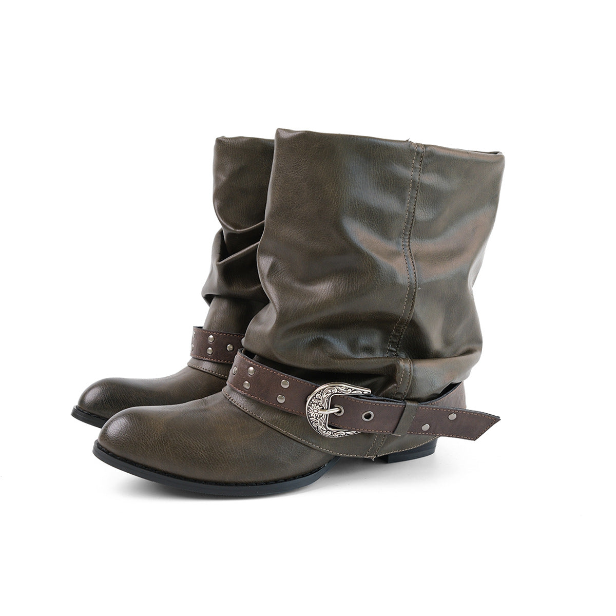 Pair of brown leather boots with a buckle on a white background