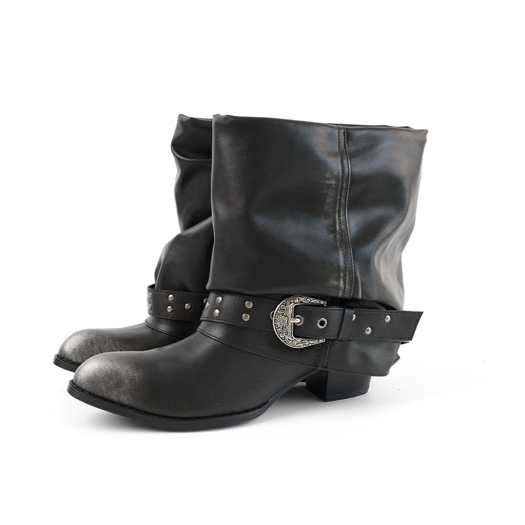 Black leather boots with a buckle on a white background