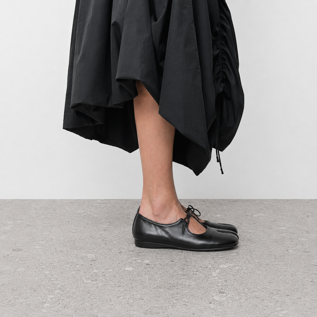 Lena Tabi Mary Jane Ballet Flats by Lil Cacti — vegan tabi flat, close-up of the toe detail