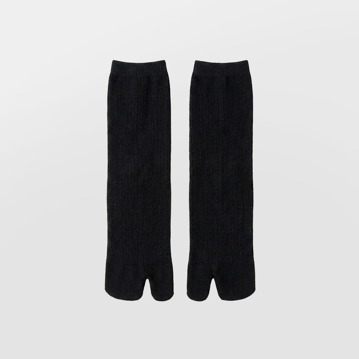 Mid Calf Tabi Socks by Lil Cacti — black ribbed knit tabi socks, pair laid flat side by side showing the split toe