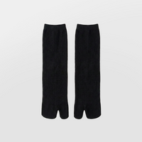 Mid Calf Tabi Socks by Lil Cacti — black ribbed knit tabi socks, pair laid flat side by side showing the split toe