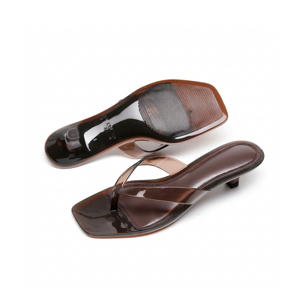 Close-up of brown thong strap detail on Mirage sandals — Lil Cacti