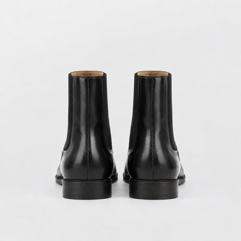 Nadia tabi Chelsea boots from the back, stacked low heel and pull tab