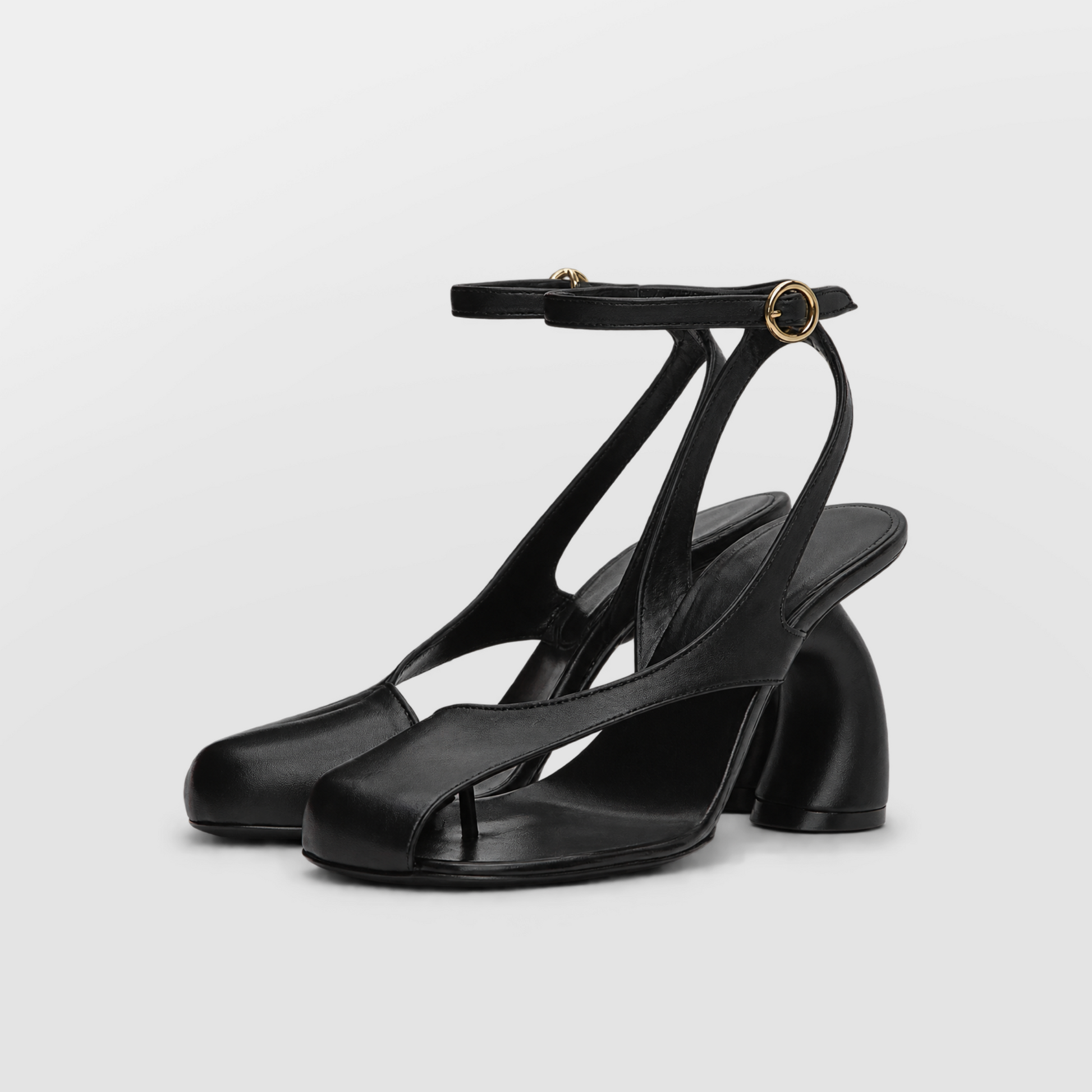 Nerissa Slingback Sandal Heels by Lil Cacti — pair at three-quarter angle, black slingback heels with gold-tone buckles
