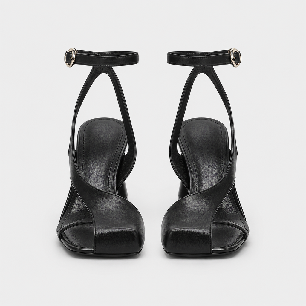 Nerissa Slingback Sandal Heels by Lil Cacti — front view of the pair showing square toes and cross-over straps
