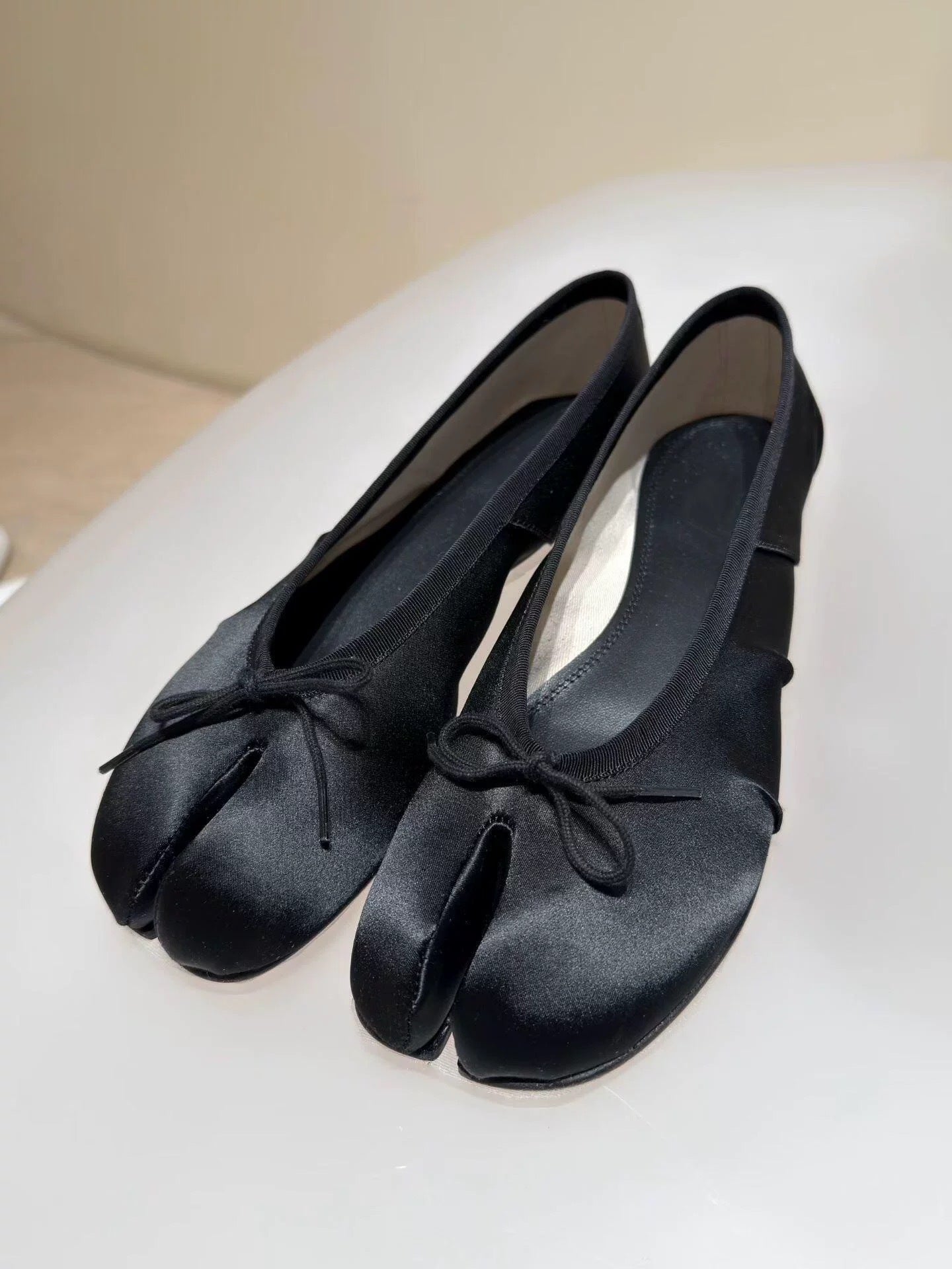 Evelyne — Black Satin Tabi Ballet Flats detail shot, dark feminine whimsigoth styling — Lil Cacti