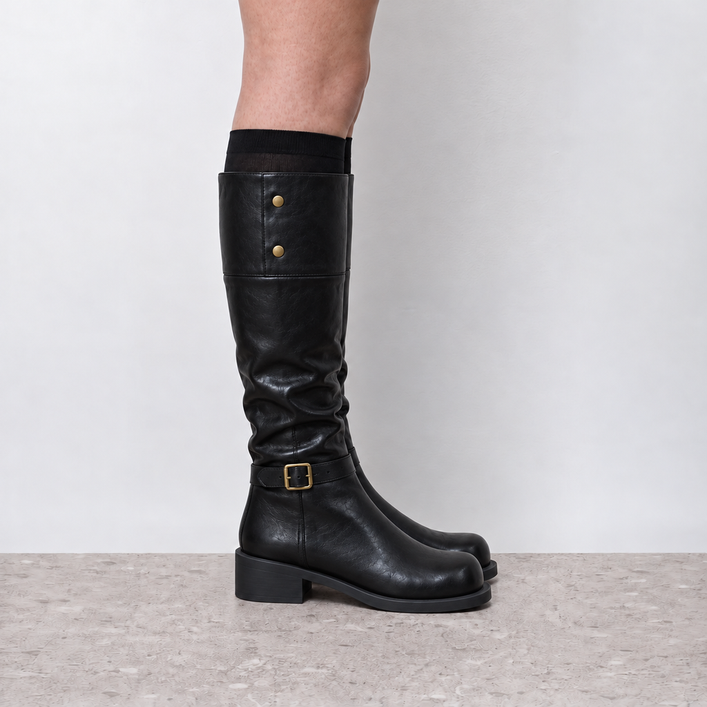 Lil Cacti Odette black cuff buckle tall boots model view one