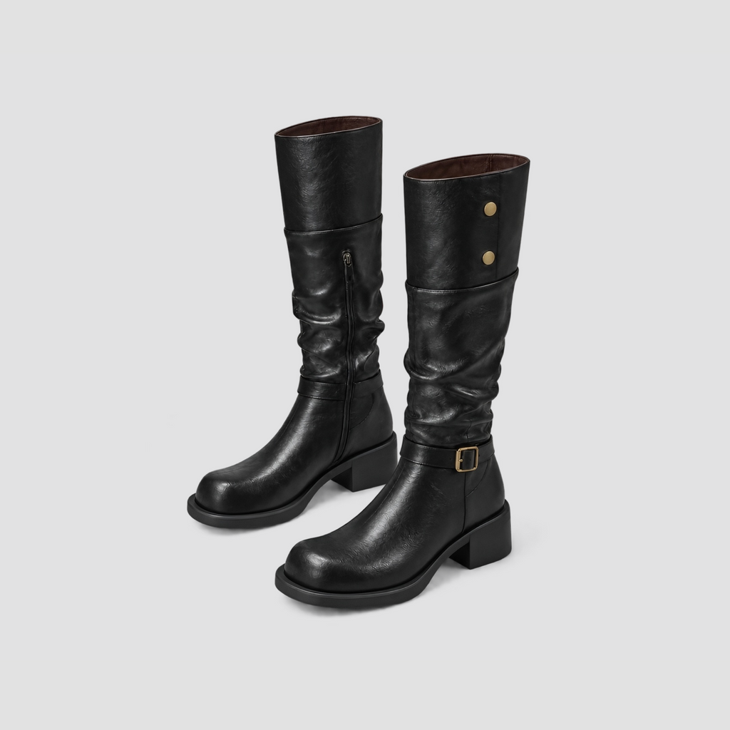 Lil Cacti Odette black cuff buckle tall boots angled pair view