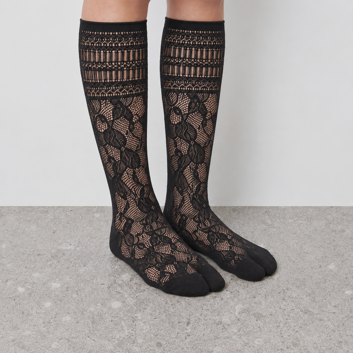 Openwork Lace Mid-Calf Socks in black - on-foot view