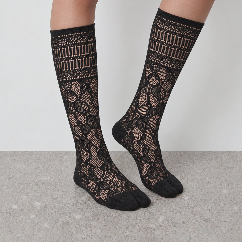 Openwork Lace Mid-Calf Socks in black - on-foot view