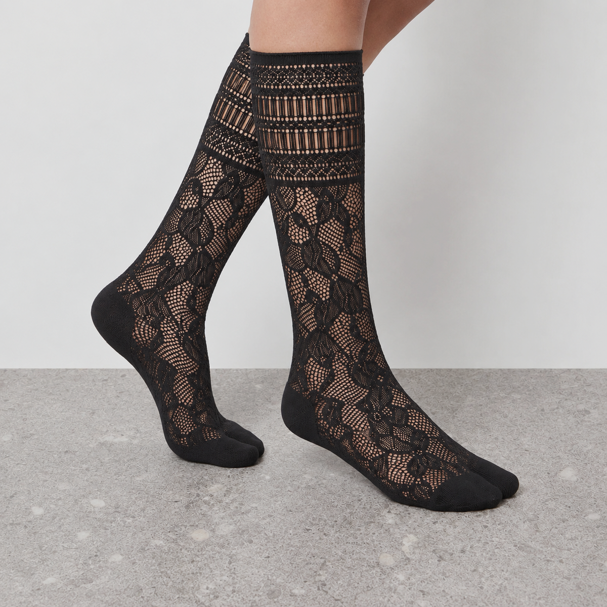 Openwork Lace Mid-Calf Socks in black - on-foot view