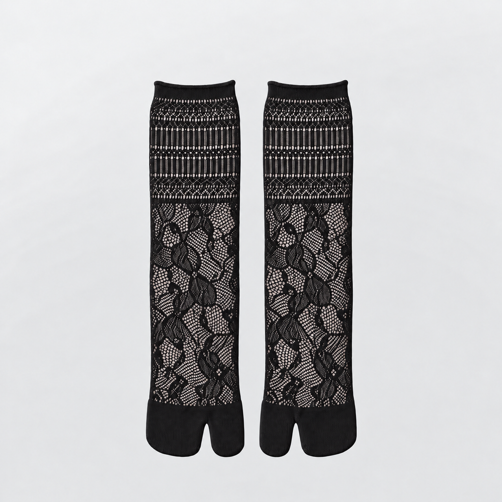 Openwork Lace Mid-Calf Socks in black - product view