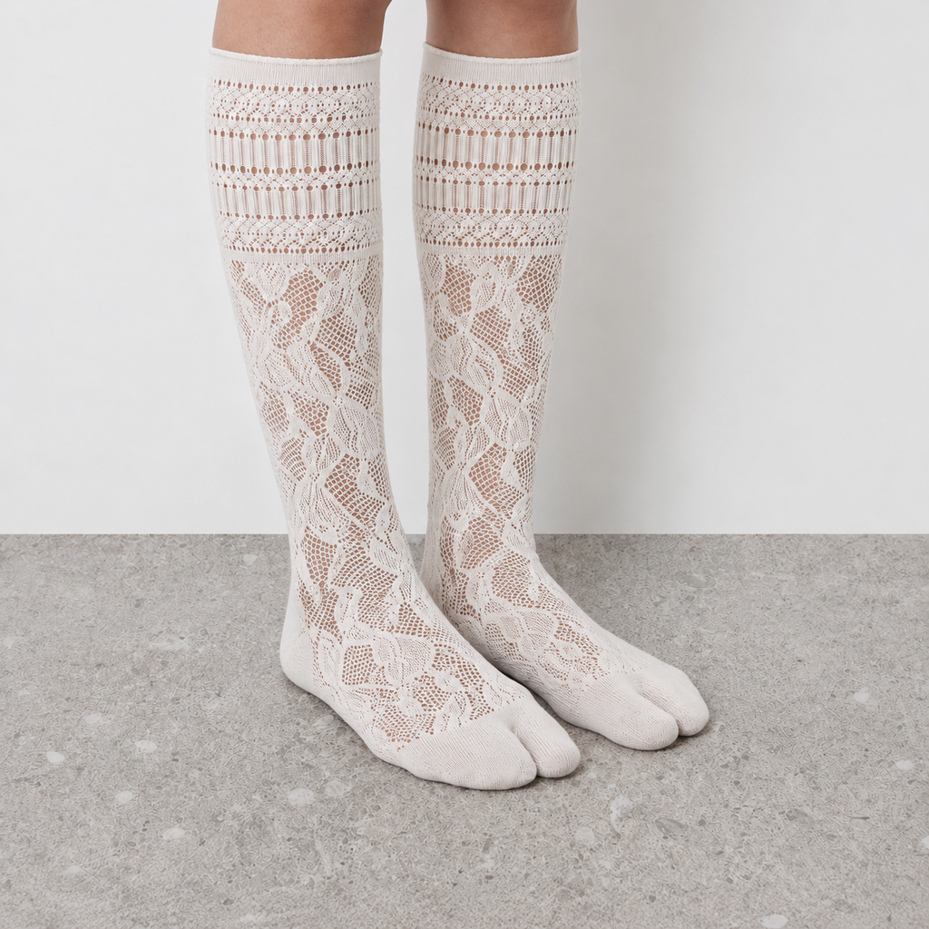 Openwork Lace Mid-Calf Socks in white - on-foot view