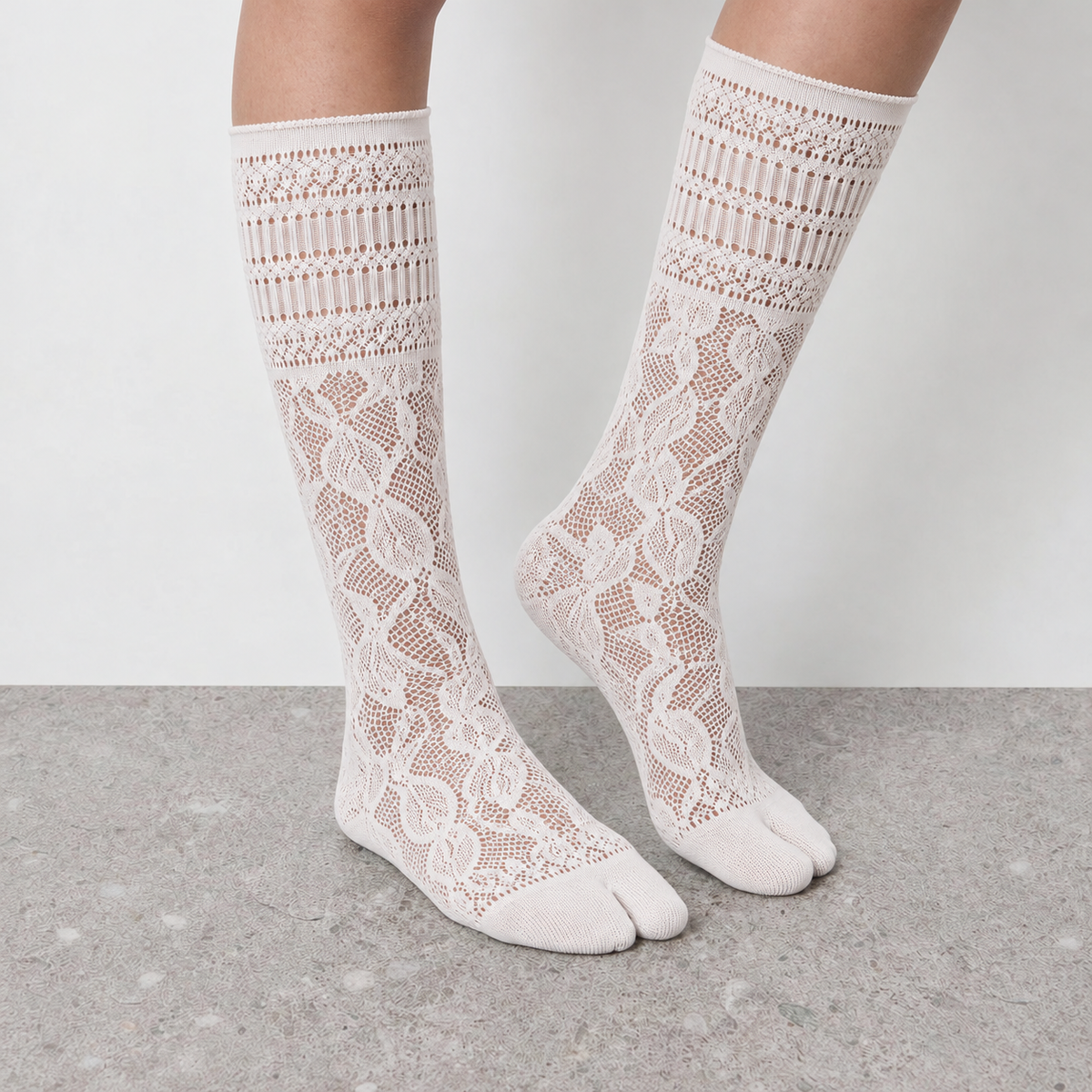 Openwork Lace Mid-Calf Socks in white - on-foot view