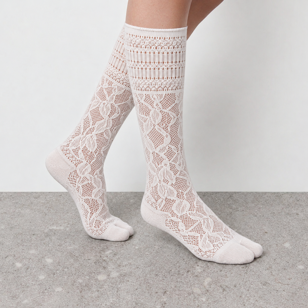 Openwork Lace Mid-Calf Socks in white - on-foot view