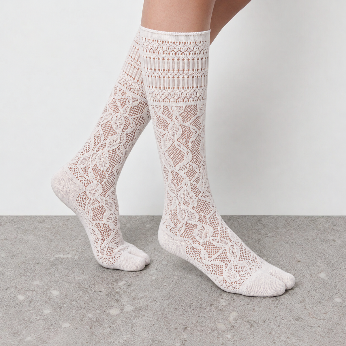 Openwork Lace Mid-Calf Socks in white - on-foot view