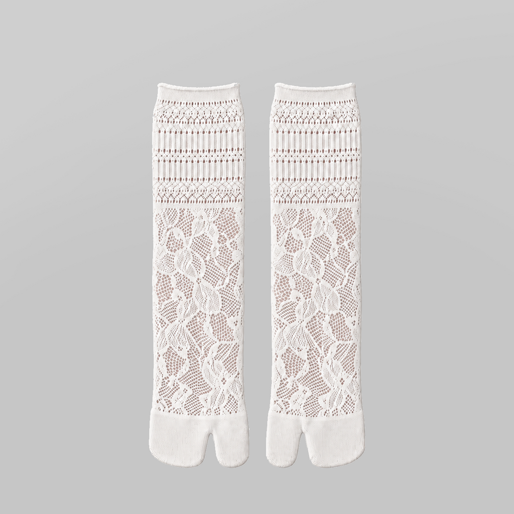 Openwork Lace Mid-Calf Socks in white - product view