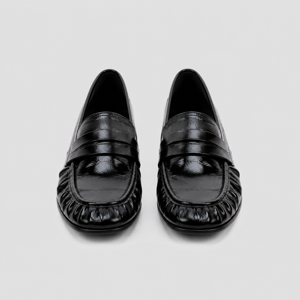 Perrine Pleated Loafers by Lil Cacti — vegan pleated loafers, styled on-model shot