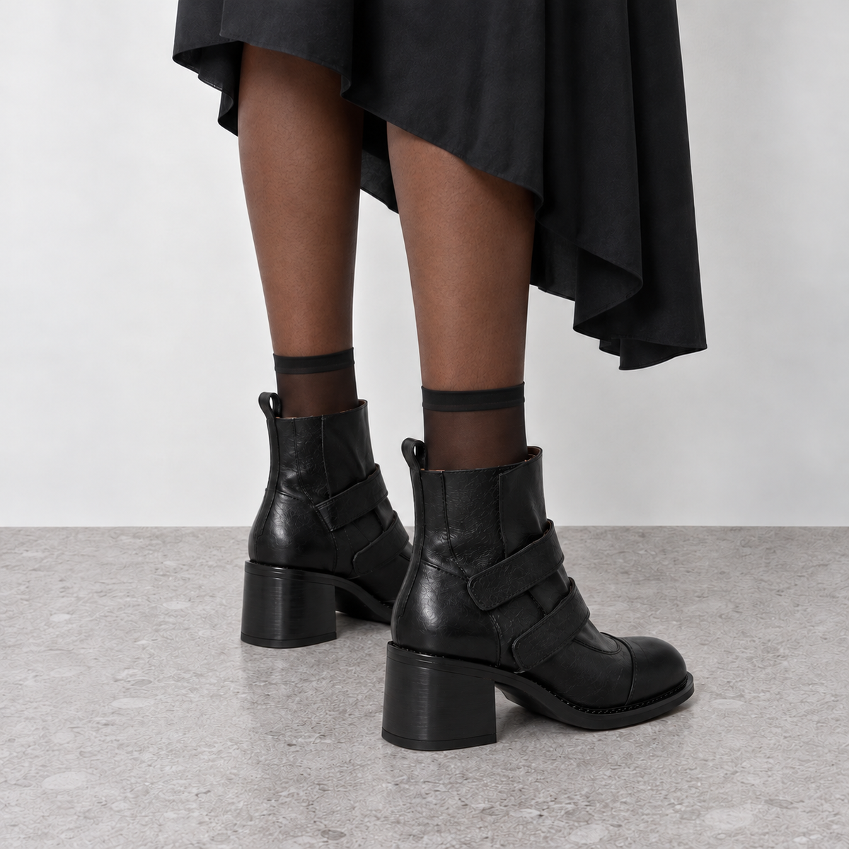 Pleated Mid-Calf Platform Boots in black - on-foot view