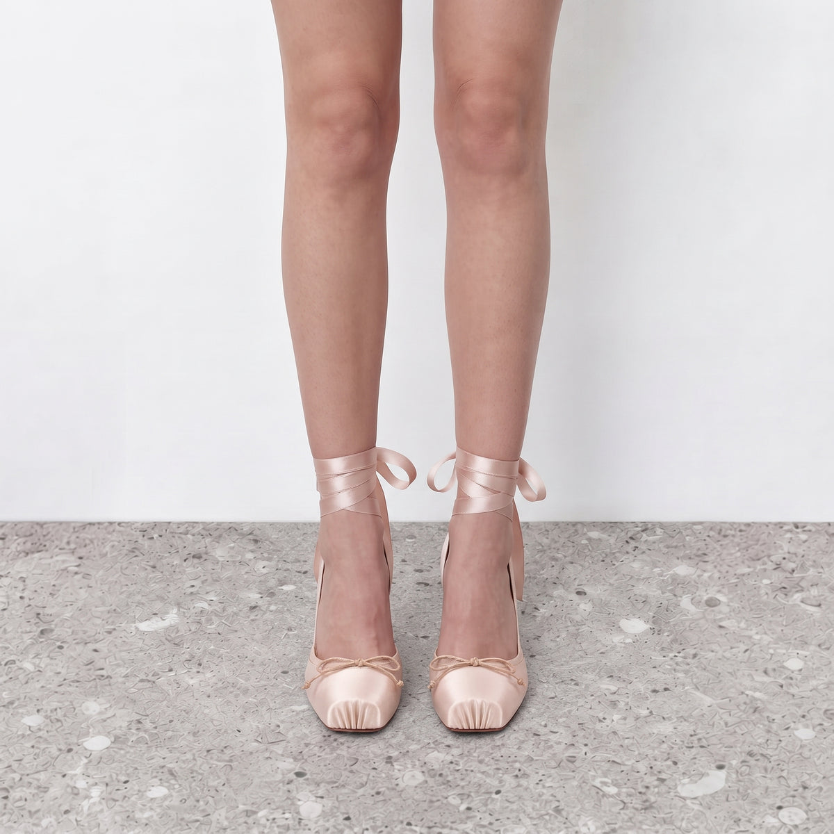 Model wearing the Prima Lace-Up Ballerina Heels seen from behind