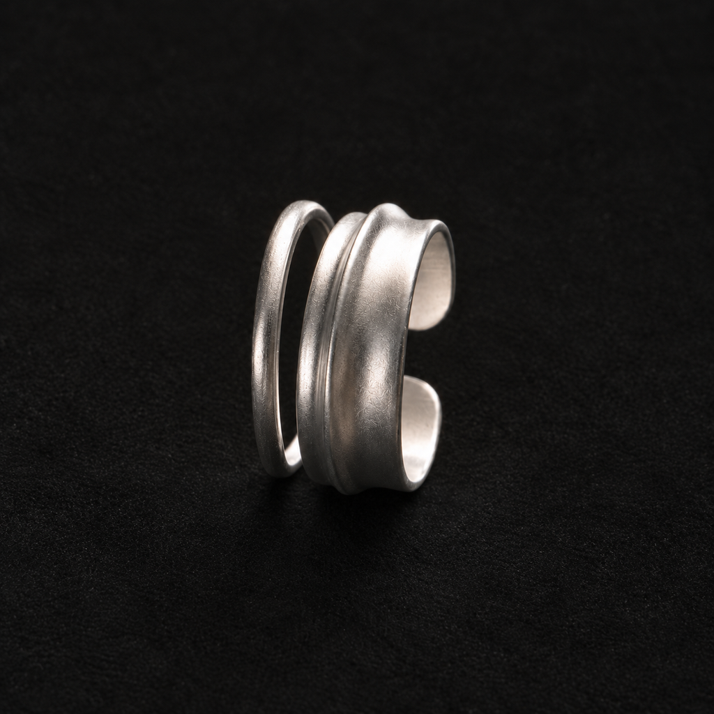 Ripple Band Ring shown at a three quarter angle in studio light