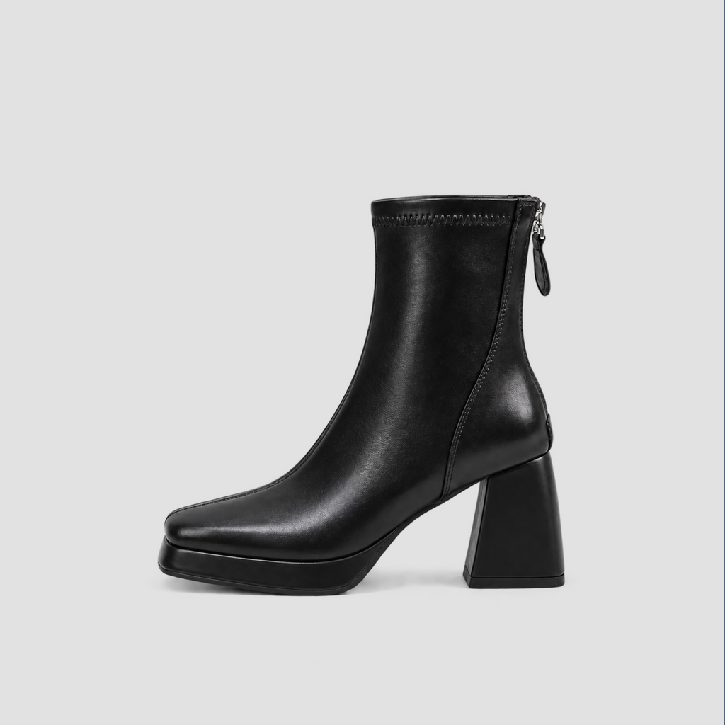 Lil Cacti Risa Square-Toe Chunky Heel Ankle Boots in black, shown alone in side profile