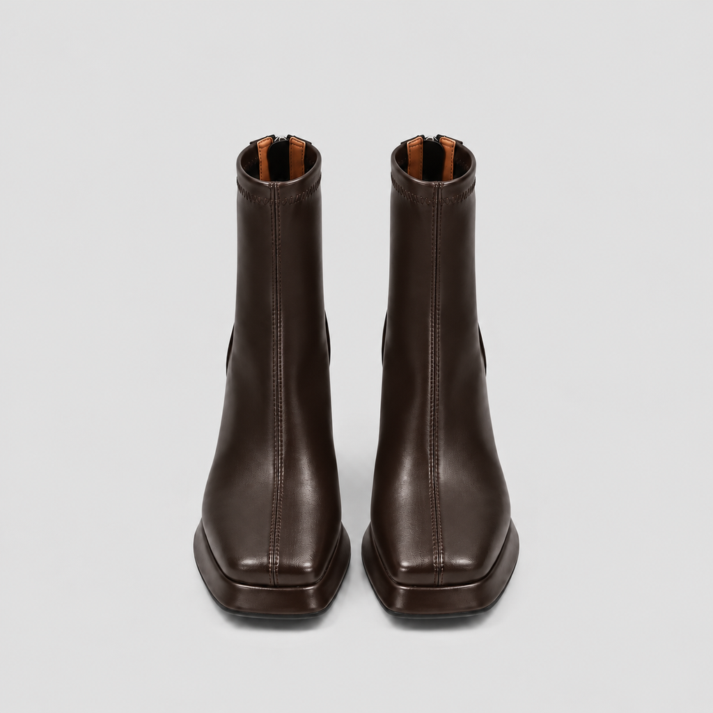 Front view of both Risa Square-Toe Chunky Heel Ankle Boots in brown, showing toe shape