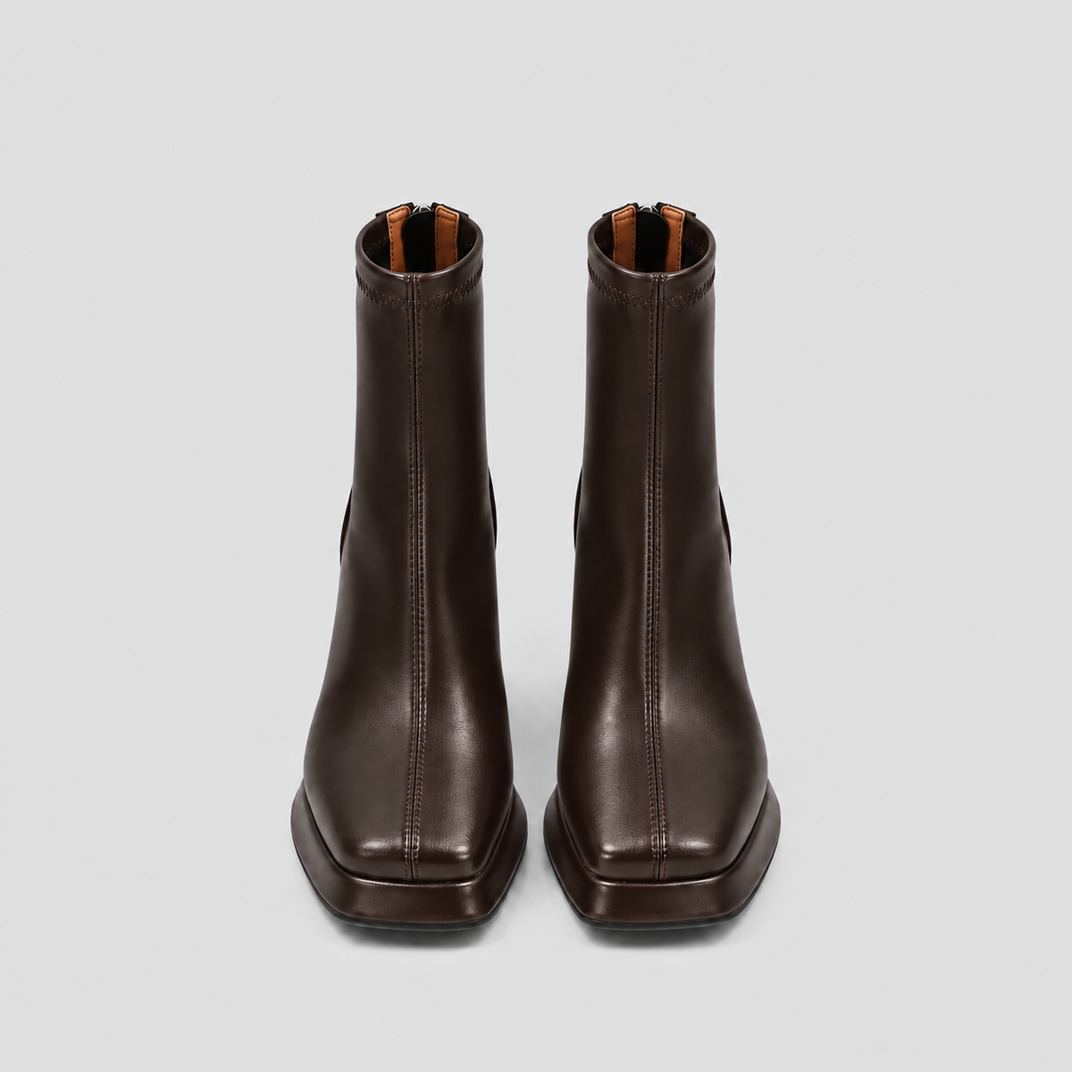 Front view of both Risa Square-Toe Chunky Heel Ankle Boots in brown, showing toe shape
