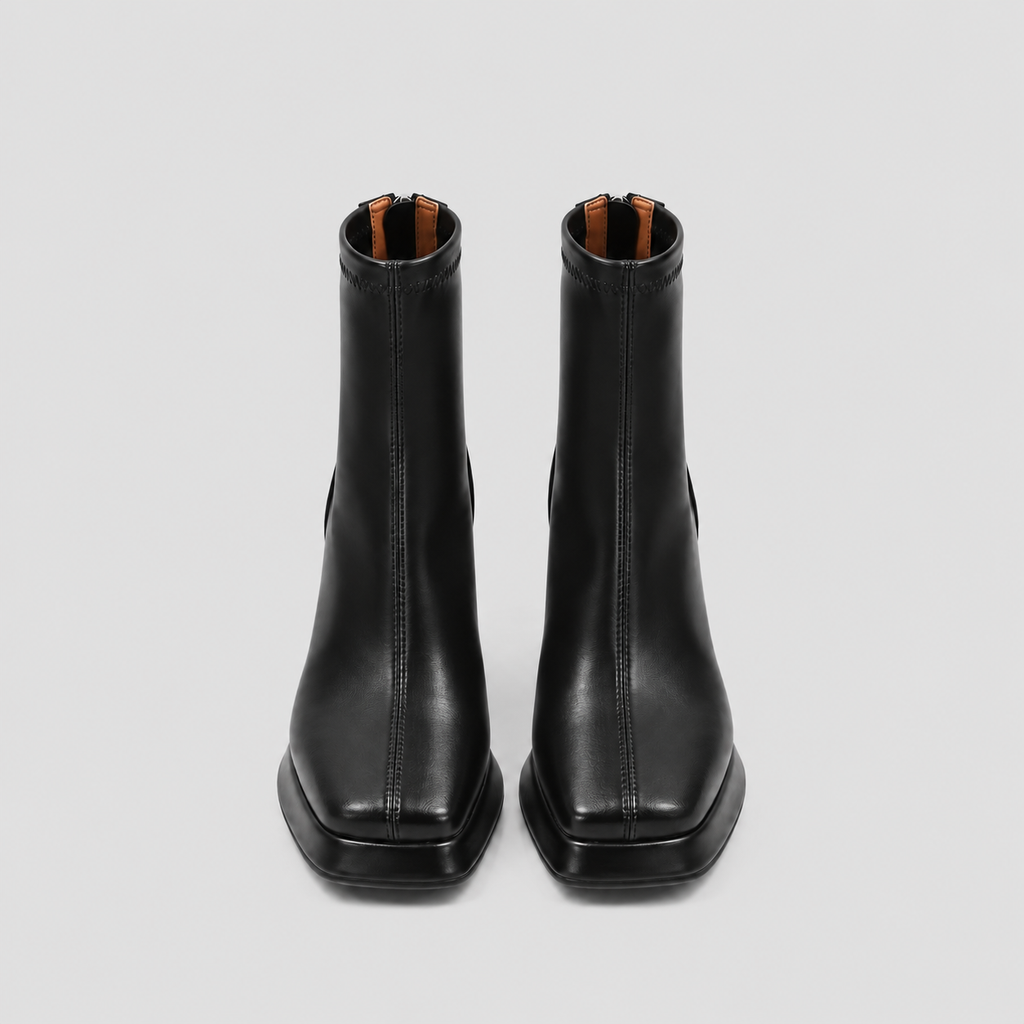 Front view of both Risa Square-Toe Chunky Heel Ankle Boots in black, showing toe shape