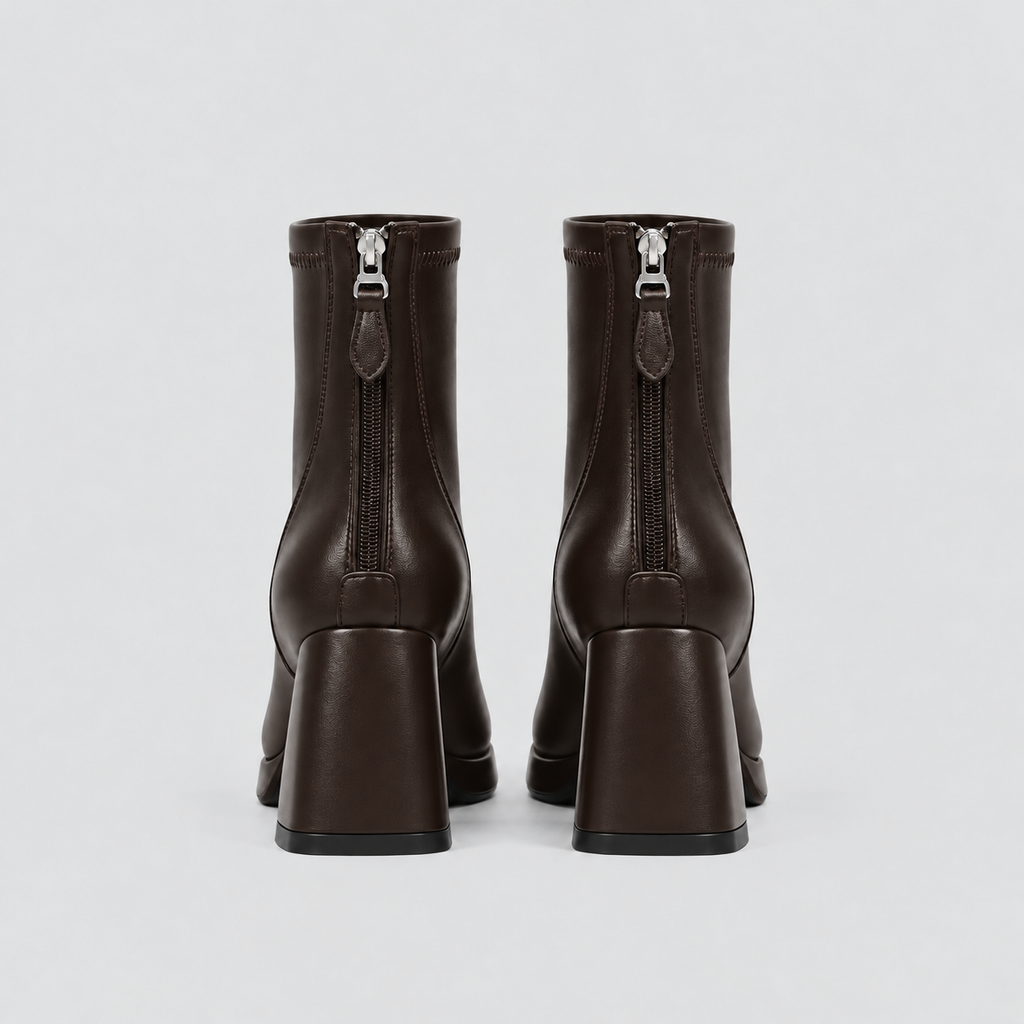 Rear view of both Risa Square-Toe Chunky Heel Ankle Boots in brown, showing heel shape