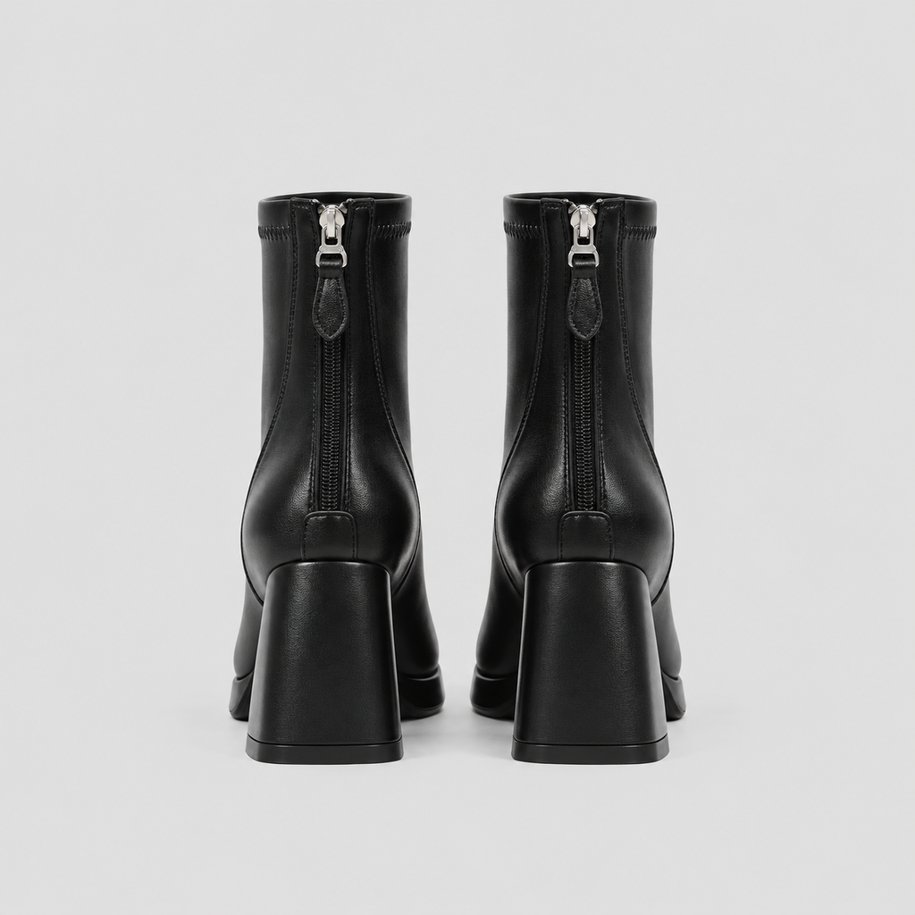 Rear view of Risa Square-Toe Chunky Heel Ankle Boots in black, showing heel shape