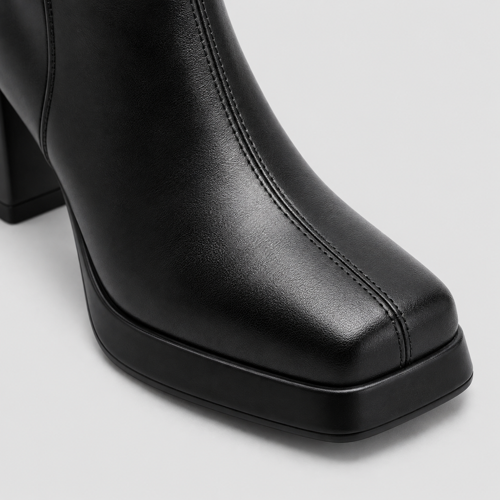 Close-up of Risa Square-Toe Chunky Heel Ankle Boots in black, highlighting the upper and finish