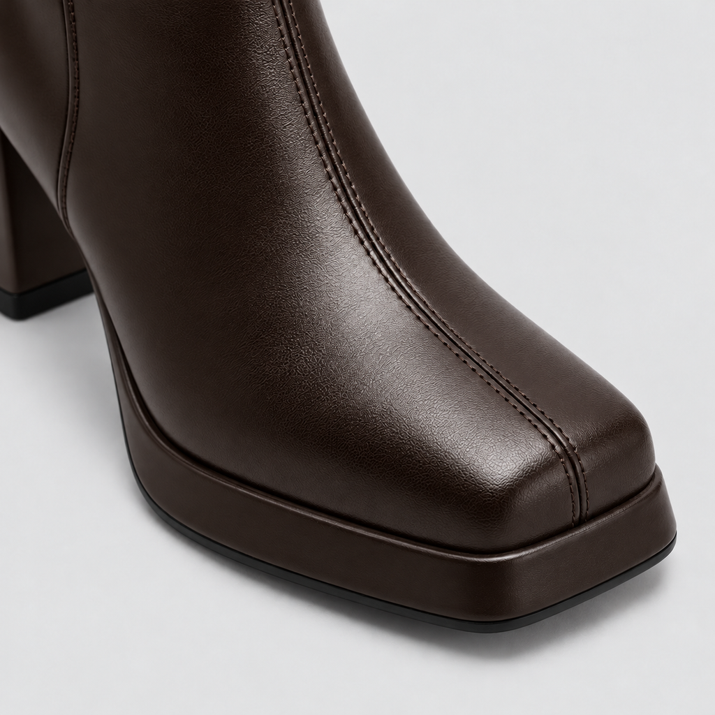 Close-up of Risa Square-Toe Chunky Heel Ankle Boots in brown, highlighting the upper and finish