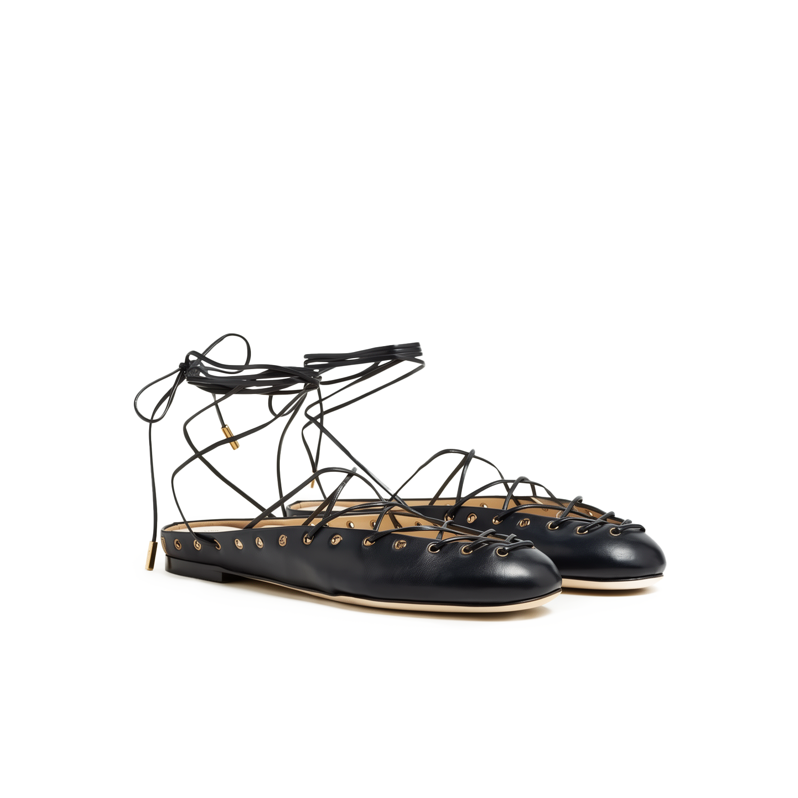 Roman black lace-up ballet flats side view — Lil Cacti