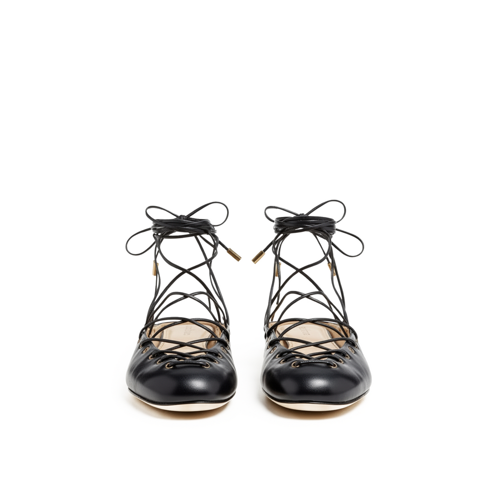 Roman ballet flats close-up — ribbon lace-up detail
