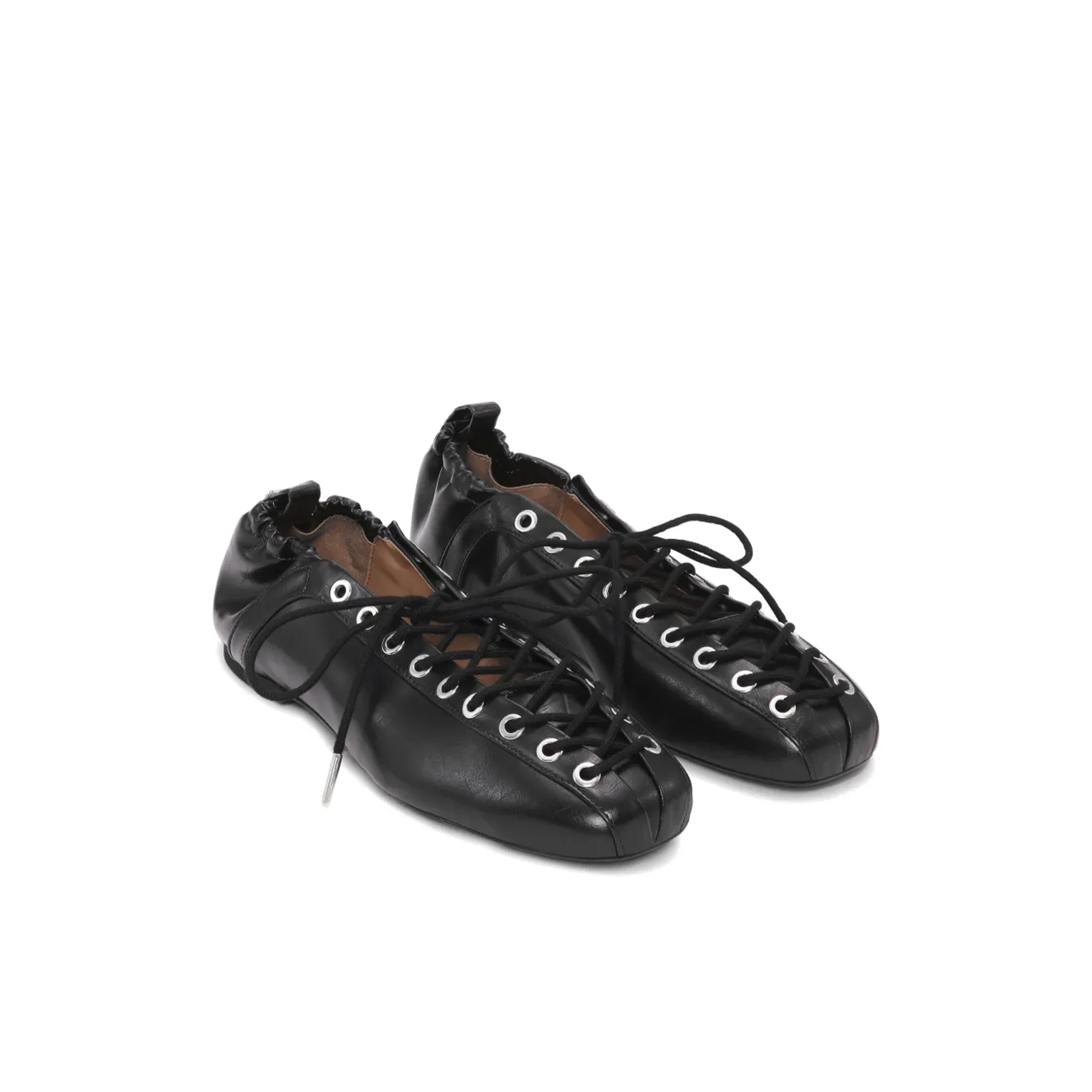 Pair of black leather lace-up ballet flats on a white background from lil cacti