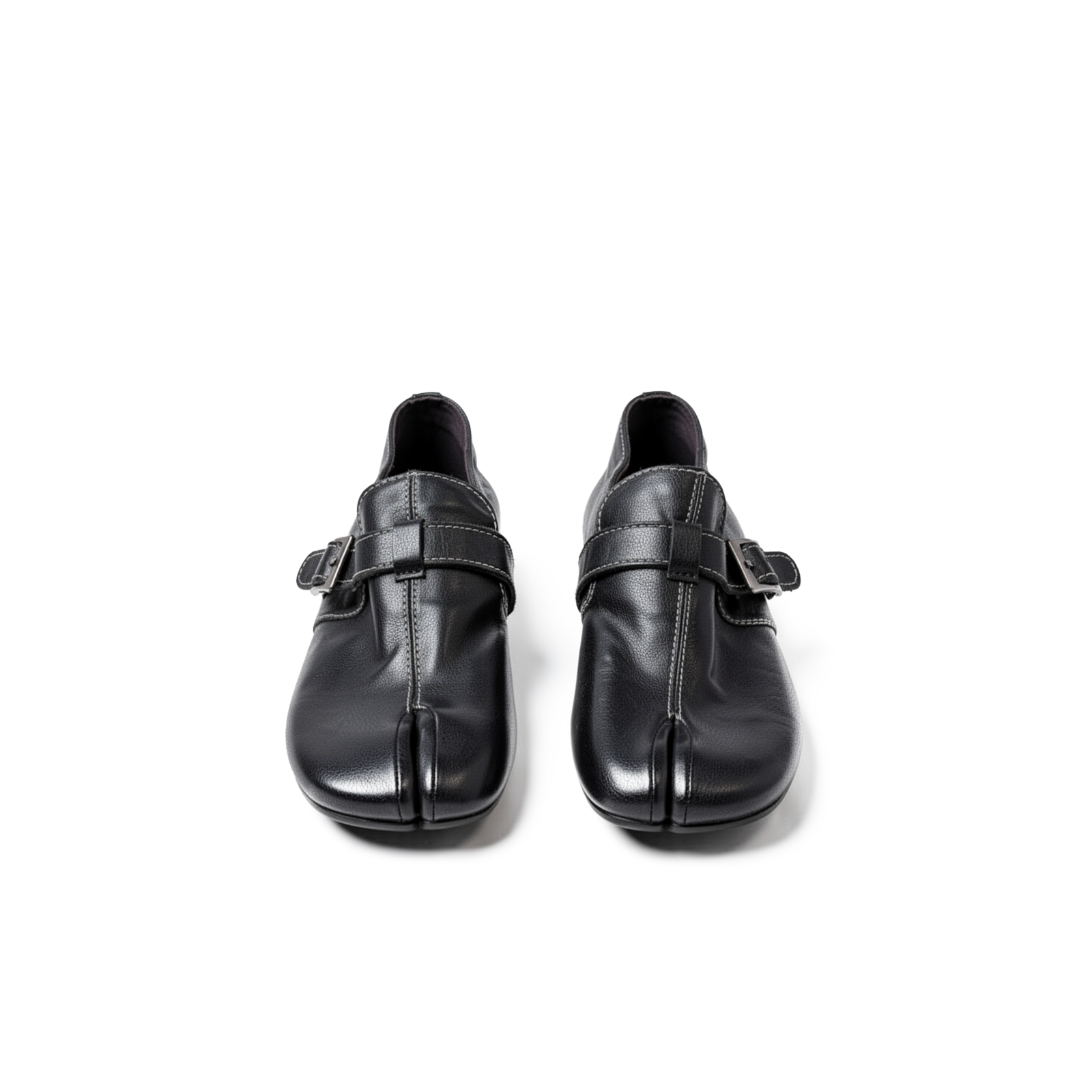 Close-up of split-toe tabi detail on Rue black loafers — Lil Cacti