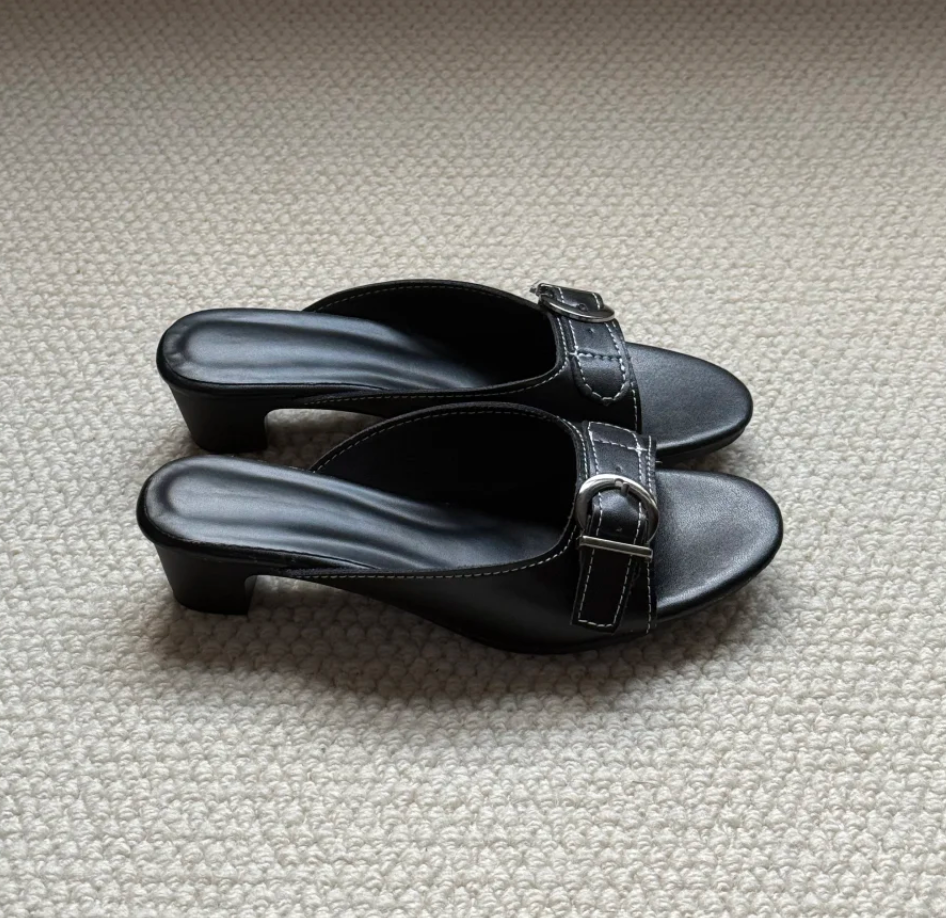 Belvra Buckle Mule Heels in black and beige, dark romantic aesthetic — Lil Cacti footwear