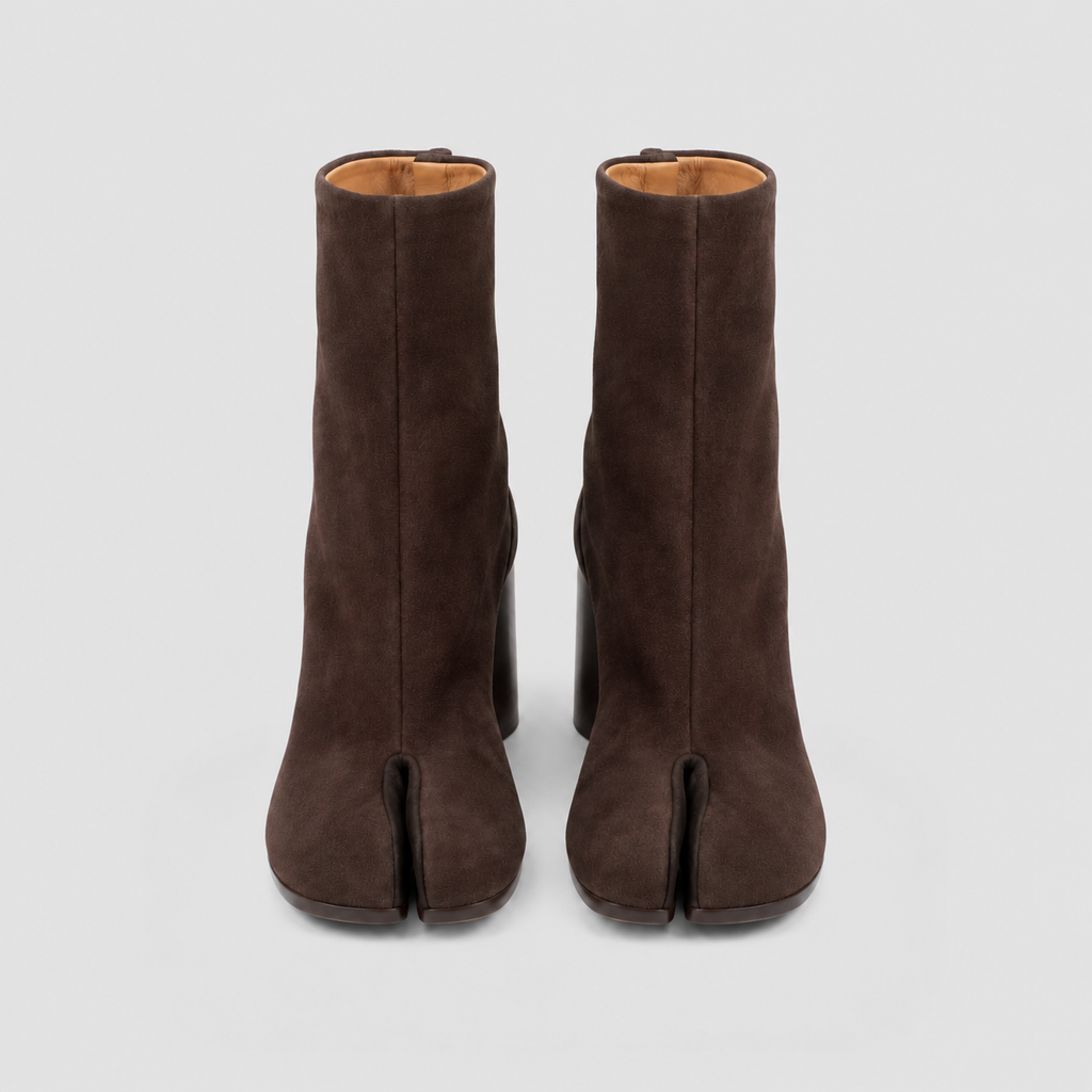 Front view of the Sena Vegan Suede Tabi Ankle Boots in studio light