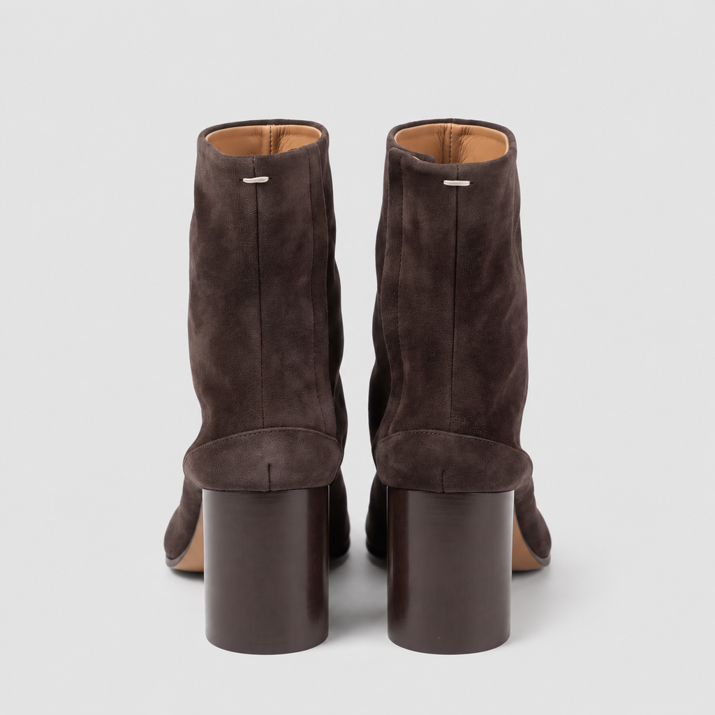 Back view of the Sena Vegan Suede Tabi Ankle Boots in studio light