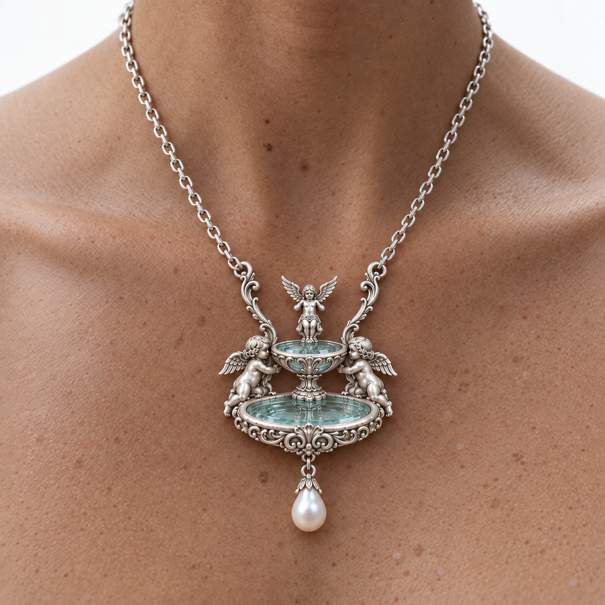Model wearing the Seraph Angel Necklace with the fountain pendant seen from behind