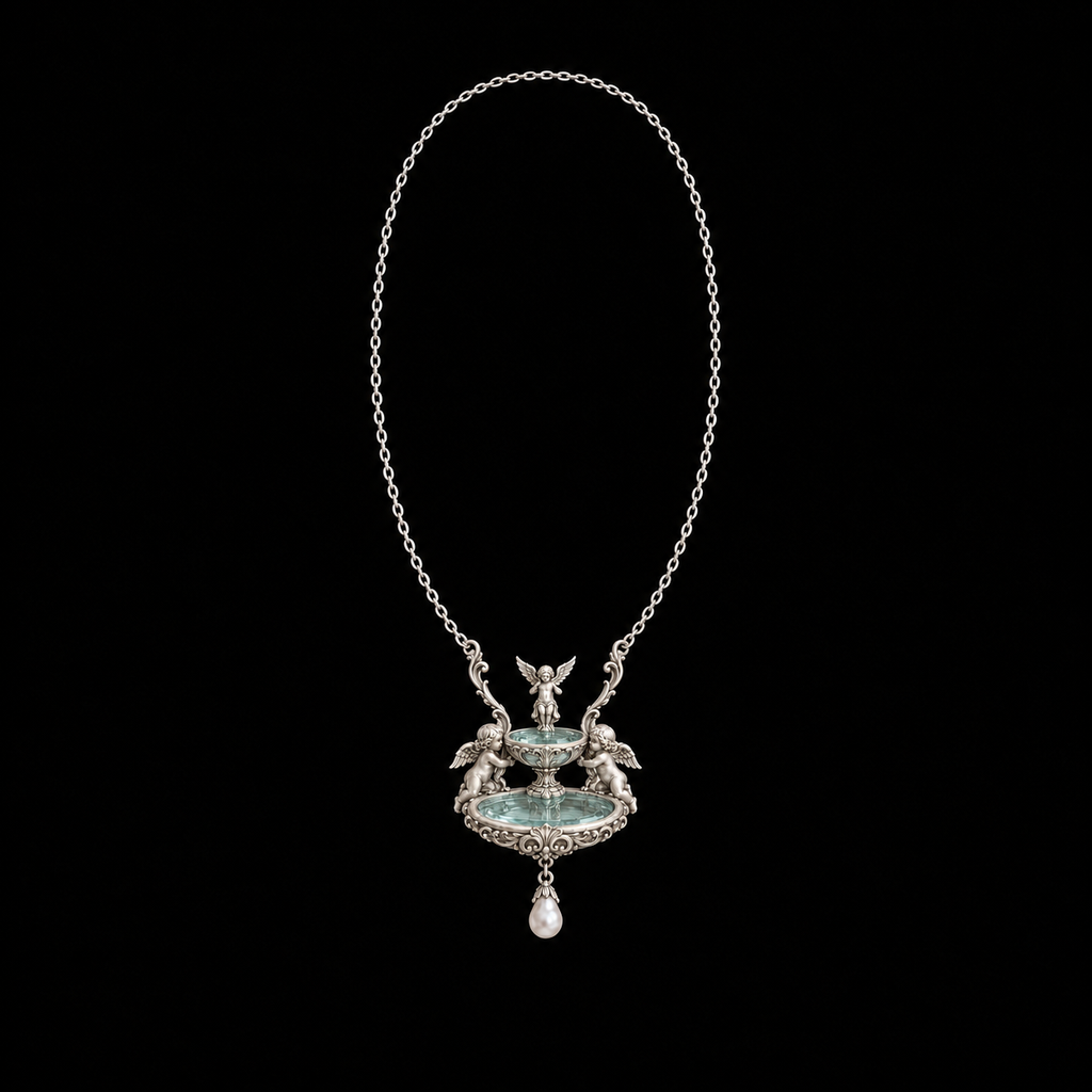 Seraph Angel Necklace with the fountain pendant shown in full on a black background