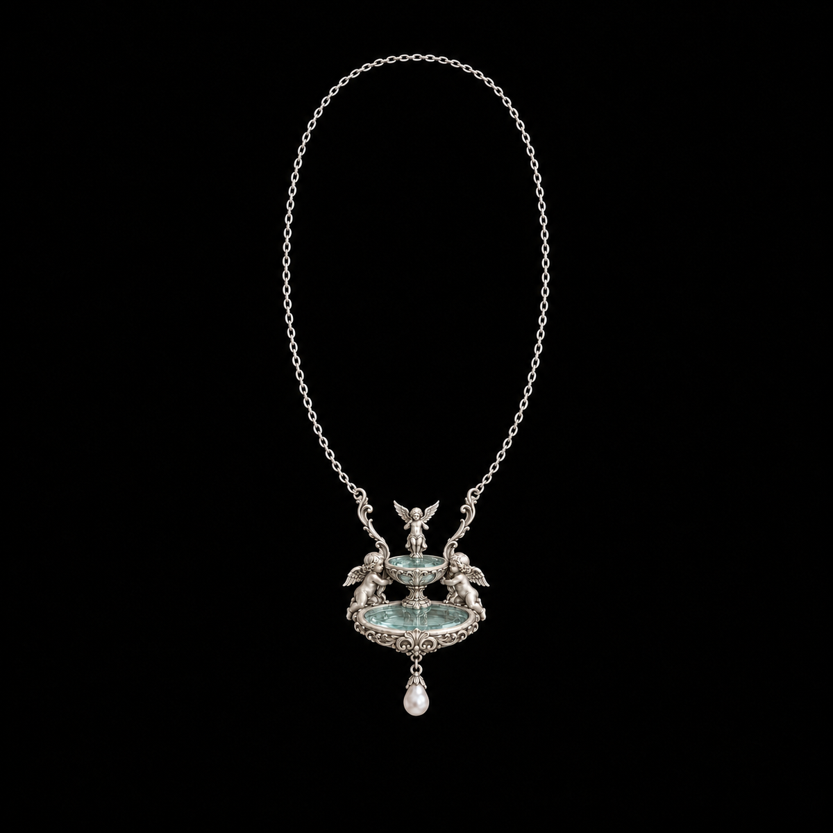 Seraph Angel Necklace with the fountain pendant shown in full on a black background