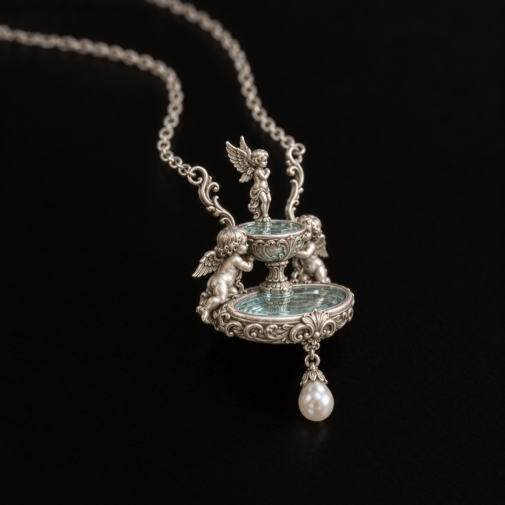 Side view of the fountain pendant on the Seraph Angel Necklace