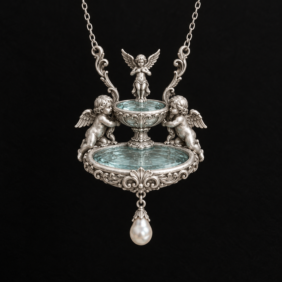 Close detail of the fountain pendant on the Seraph Angel Necklace by Lil Cacti
