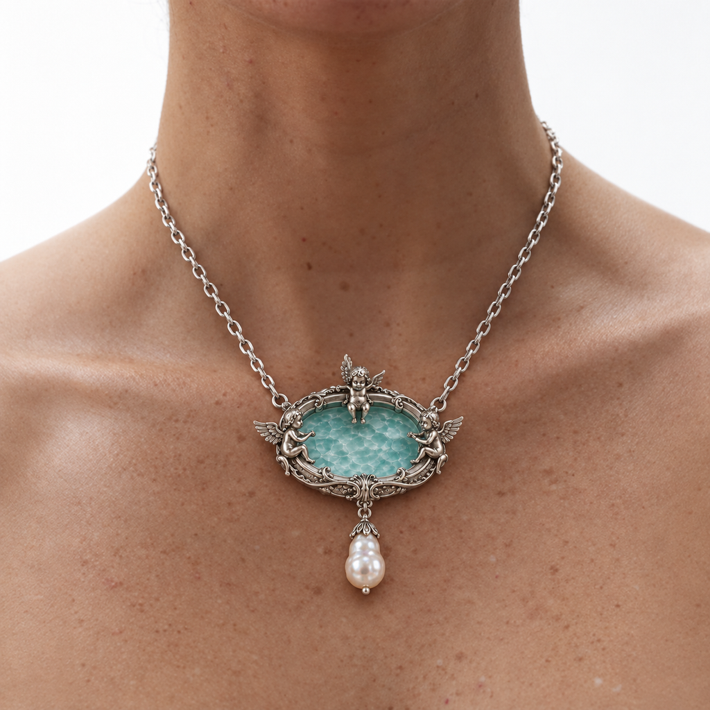 Model wearing the Seraph Angel Necklace with the pool pendant seen from the front