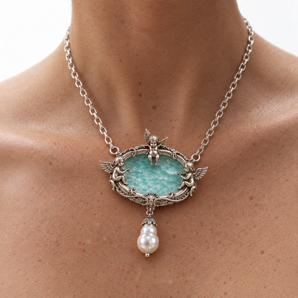 Model wearing the Seraph Angel Necklace with the pool pendant seen from behind