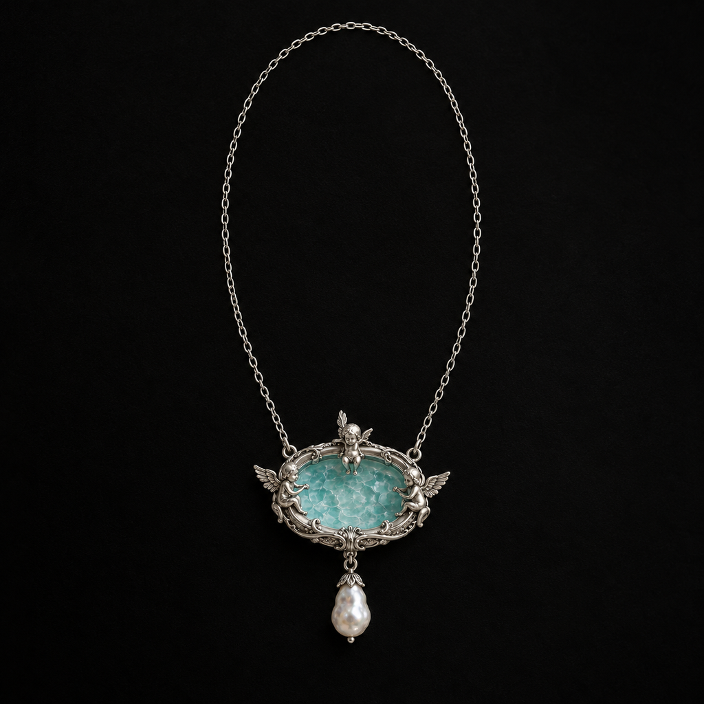 Seraph Angel Necklace with the pool pendant shown in full on a black background