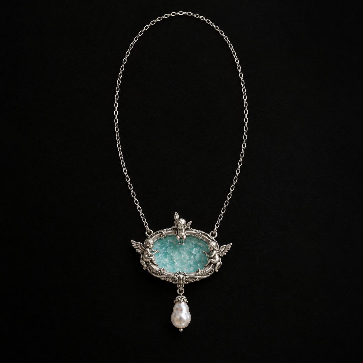 Seraph Angel Necklace with the pool pendant shown in full on a black background