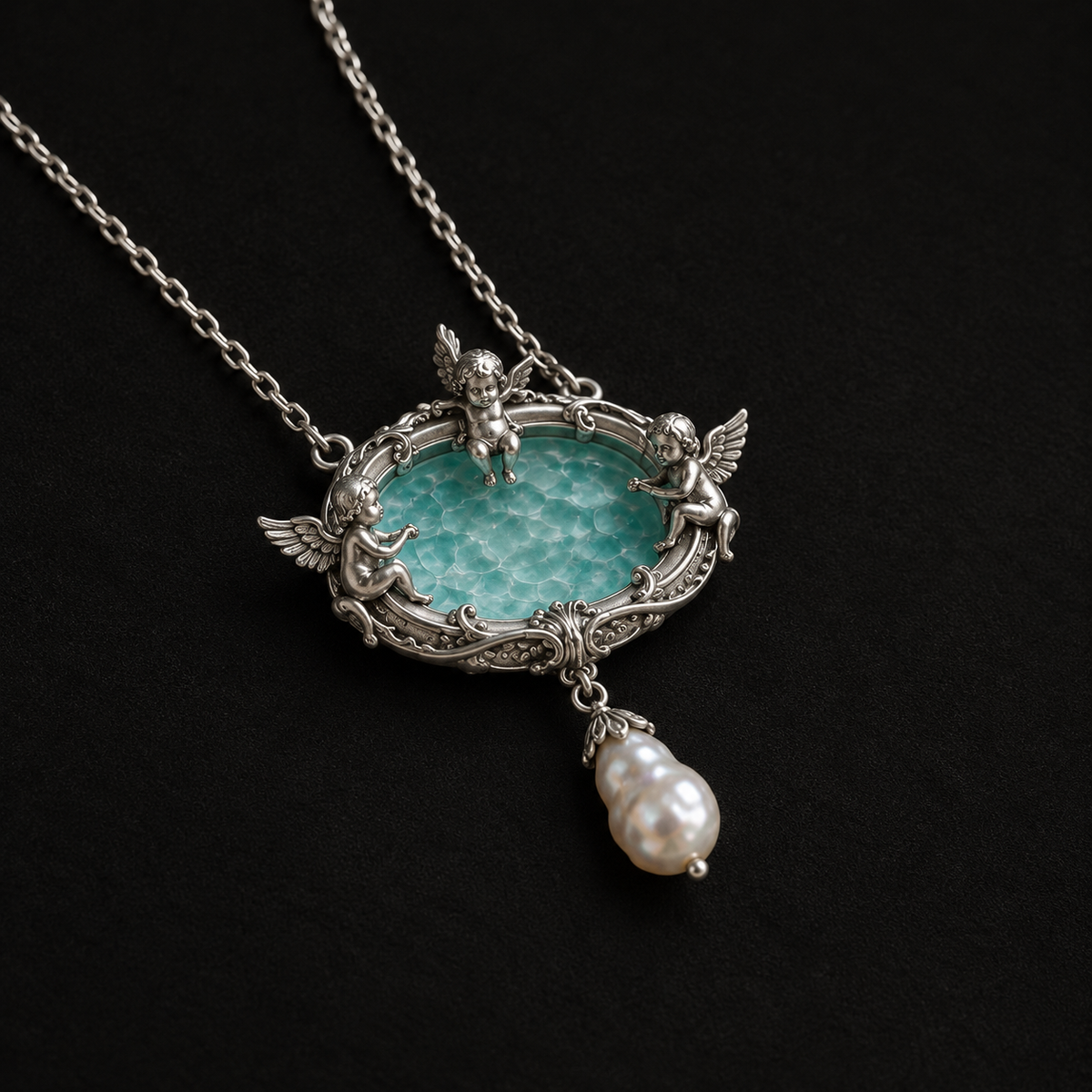 Side view of the pool pendant on the Seraph Angel Necklace